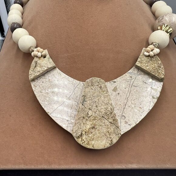 Handmade ~20" Quartz Granite Stone Gold Tone Statement Necklace And Earrings Vtg - Picture 2 of 14